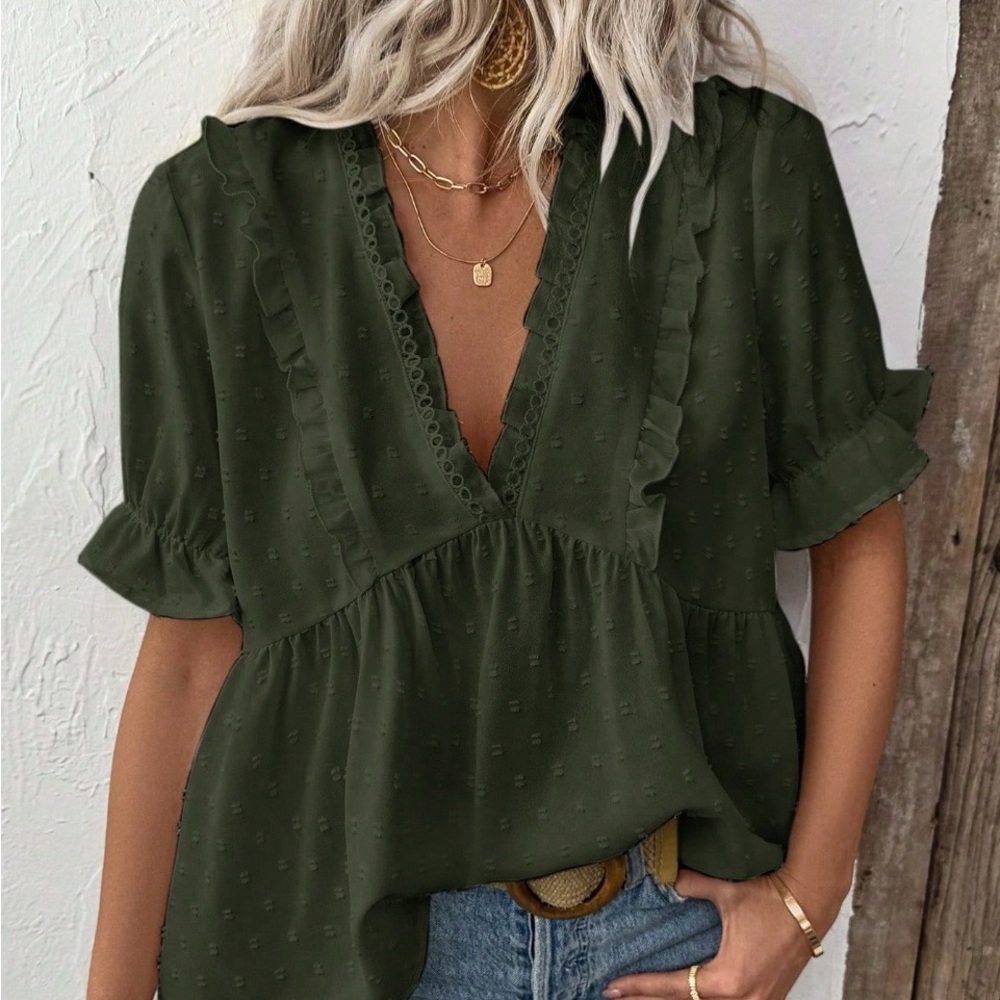 Chic Dark Green Ruffle V-Neck Blouse